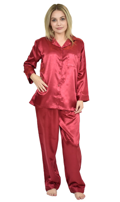 Up2date Fashion Women's Satin Pajama Set 2-Piece Long Sleeve Button Down Sleepwear Silky V-neck PJ Set with Pants