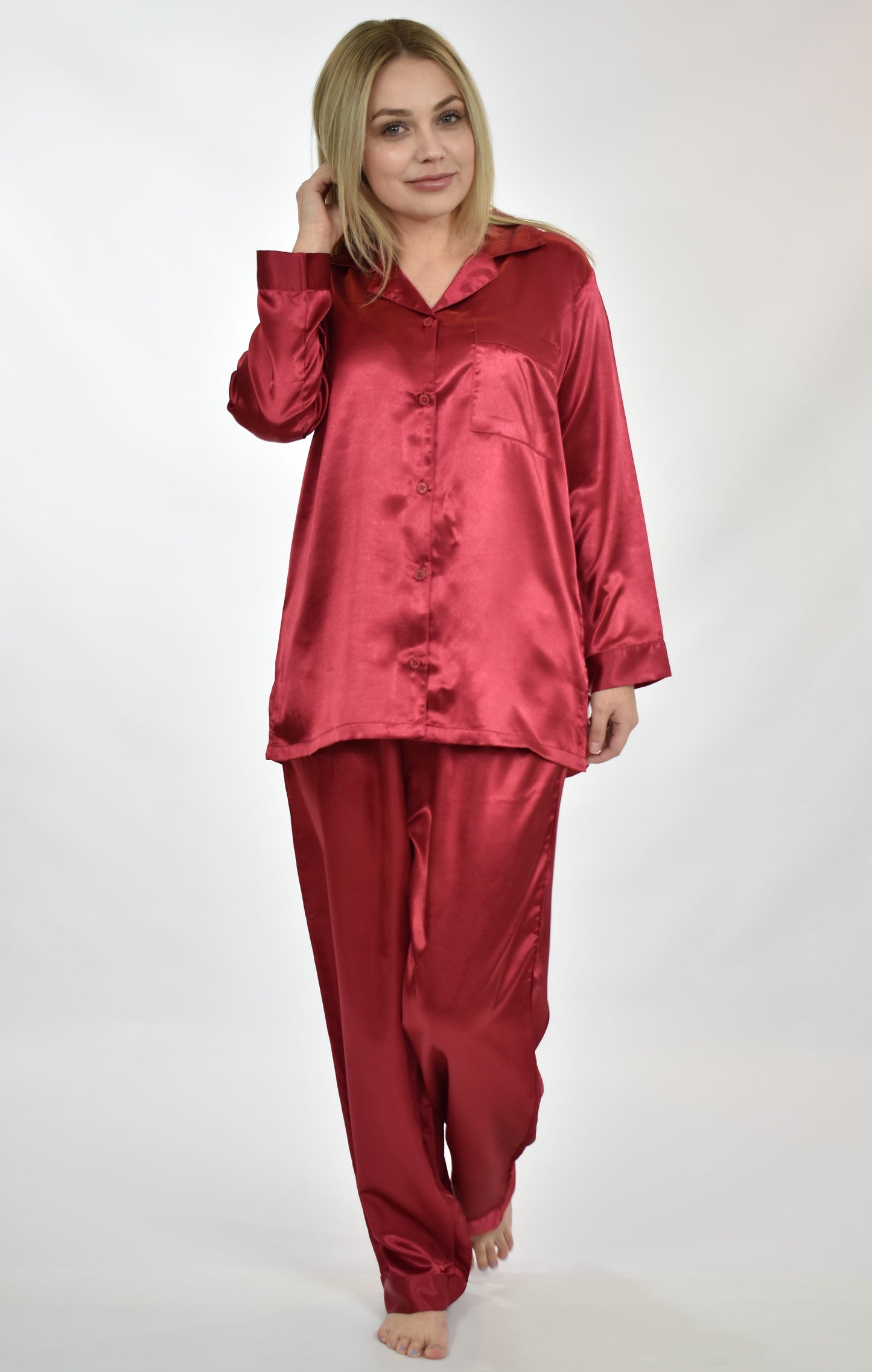 Up2date Fashion Women's Satin Pajama Set 2-Piece Long Sleeve Button Down Sleepwear Silky V-neck PJ Set with Pants