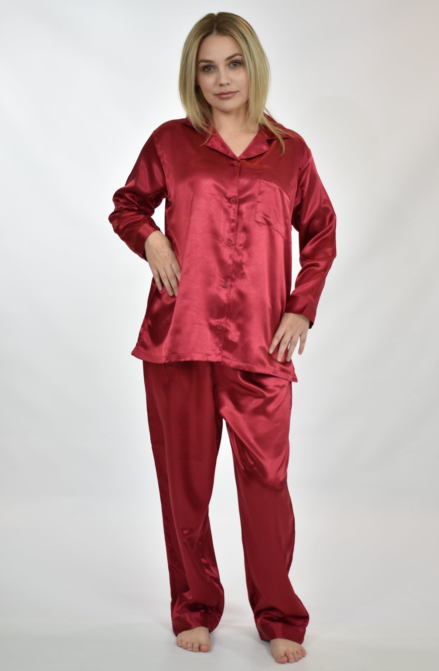 Up2date Fashion Women's Satin Pajama Set 2-Piece Long Sleeve Button Down Sleepwear Silky V-neck PJ Set with Pants
