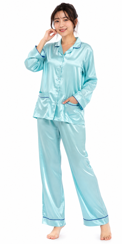 Up2date Fashion Women’s Silky Satin Pajama Set, Button Down Sleepwear with Piping, 2 Front Pockets, 2 Piece PJs