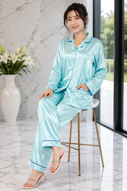 Up2date Fashion Women’s Silky Satin Pajama Set, Button Down Sleepwear with Piping, 2 Front Pockets, 2 Piece PJs
