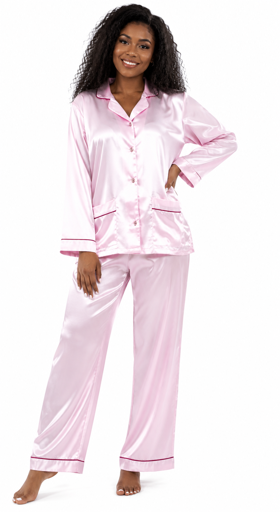 Up2date Fashion Women’s Silky Satin Pajama Set, Button Down Sleepwear with Piping, 2 Front Pockets, 2 Piece PJs