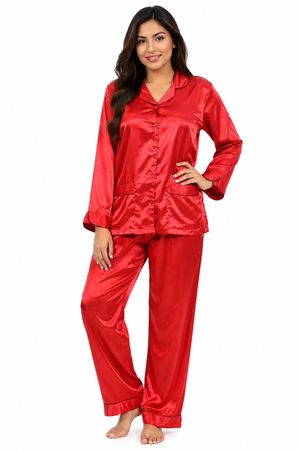 Up2date Fashion Women’s Silky Satin Pajama Set, Button Down Sleepwear with Piping, 2 Front Pockets, 2 Piece PJs