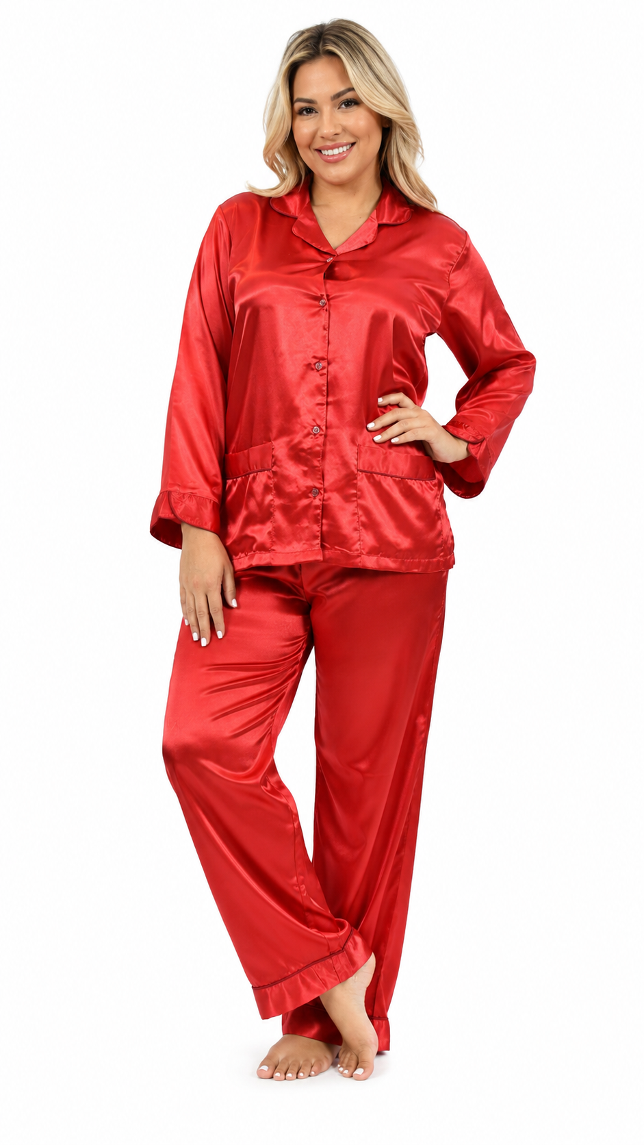 Up2date Fashion Women’s Silky Satin Pajama Set, Button Down Sleepwear with Piping, 2 Front Pockets, 2 Piece PJs