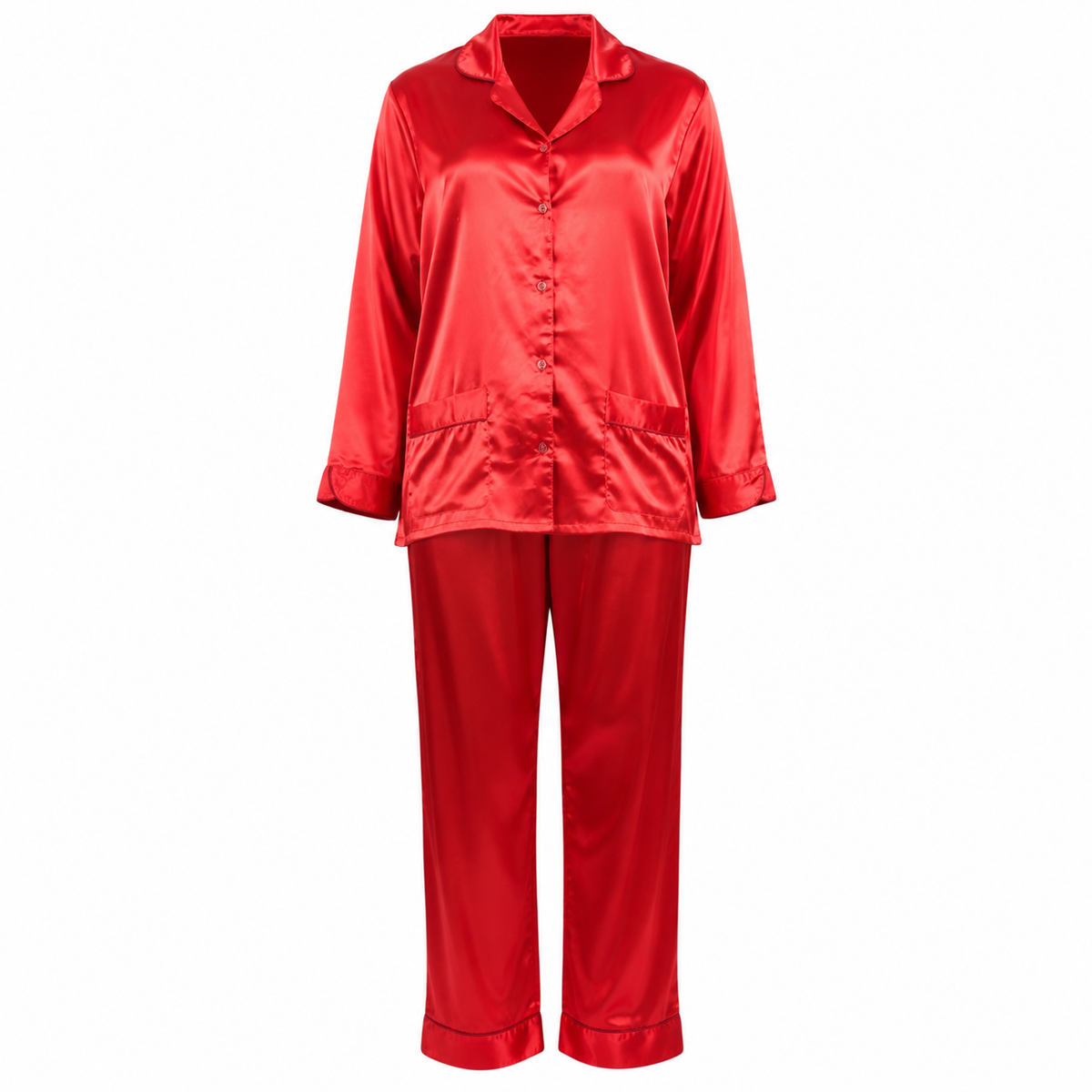 Up2date Fashion Women’s Silky Satin Pajama Set, Button Down Sleepwear with Piping, 2 Front Pockets, 2 Piece PJs