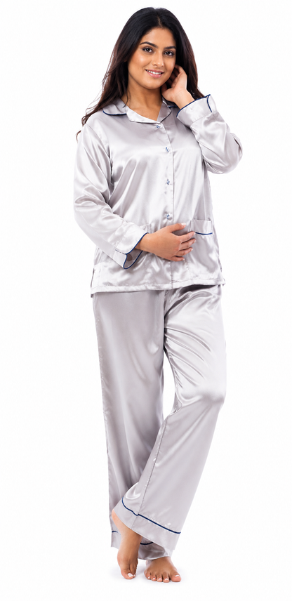 Up2date Fashion Women’s Silky Satin Pajama Set, Button Down Sleepwear with Piping, 2 Front Pockets, 2 Piece PJs