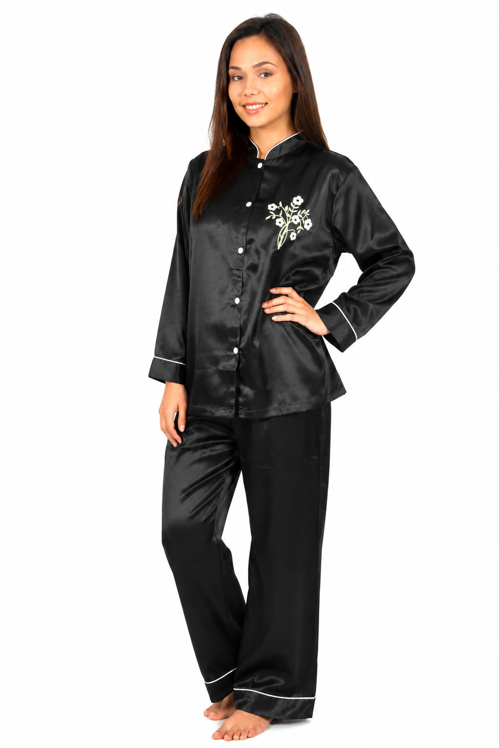 Up2date Fashion Women’s Satin Pajama Set, Button Down Long Sleeve Sleepwear with Mandarin Collar, 2 Piece Silky PJs Loungewear