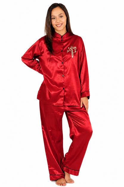 Up2date Fashion Women’s Satin Pajama Set, Button Down Long Sleeve Sleepwear with Mandarin Collar, 2 Piece Silky PJs Loungewear