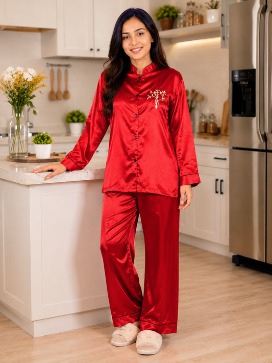 Up2date Fashion Women’s Satin Pajama Set, Button Down Long Sleeve Sleepwear with Mandarin Collar, 2 Piece Silky PJs Loungewear