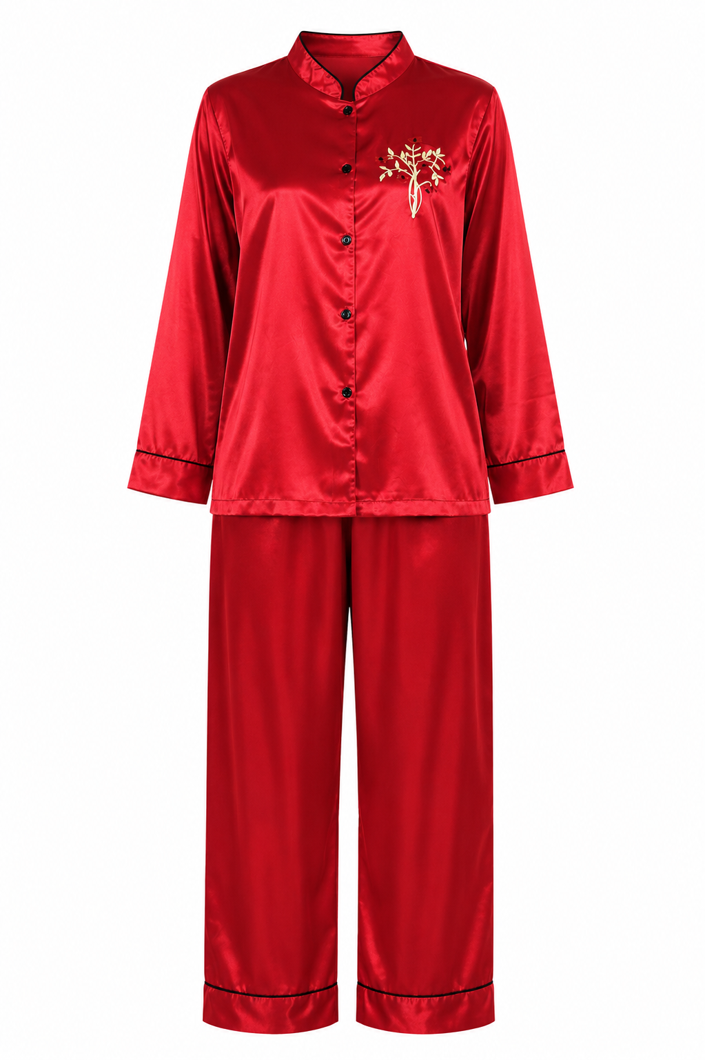 Up2date Fashion Women’s Satin Pajama Set, Button Down Long Sleeve Sleepwear with Mandarin Collar, 2 Piece Silky PJs Loungewear