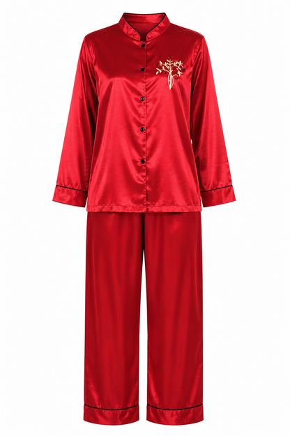 Up2date Fashion Women’s Satin Pajama Set, Button Down Long Sleeve Sleepwear with Mandarin Collar, 2 Piece Silky PJs Loungewear