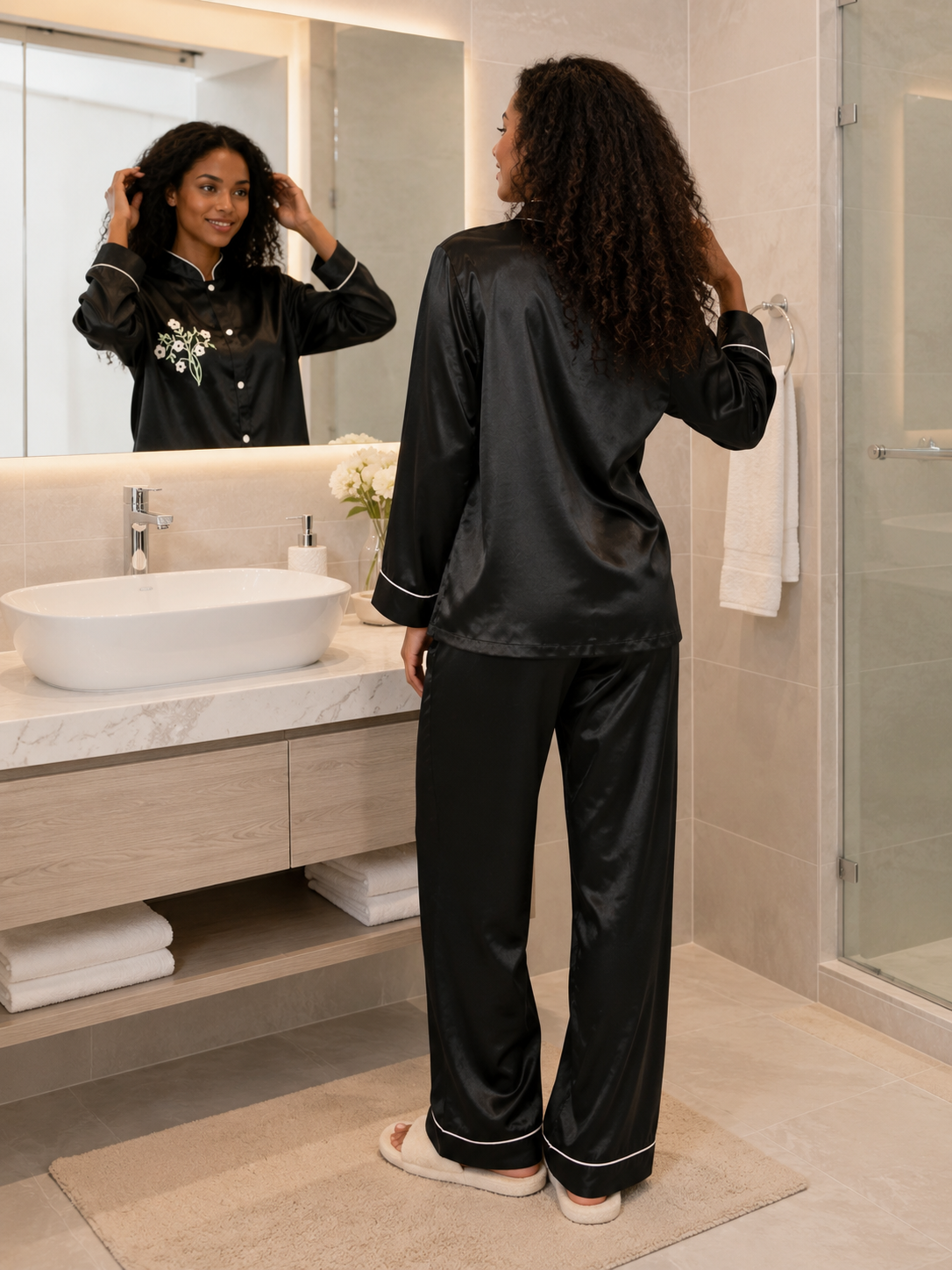 Up2date Fashion Women’s Satin Pajama Set, Button Down Long Sleeve Sleepwear with Mandarin Collar, 2 Piece Silky PJs Loungewear