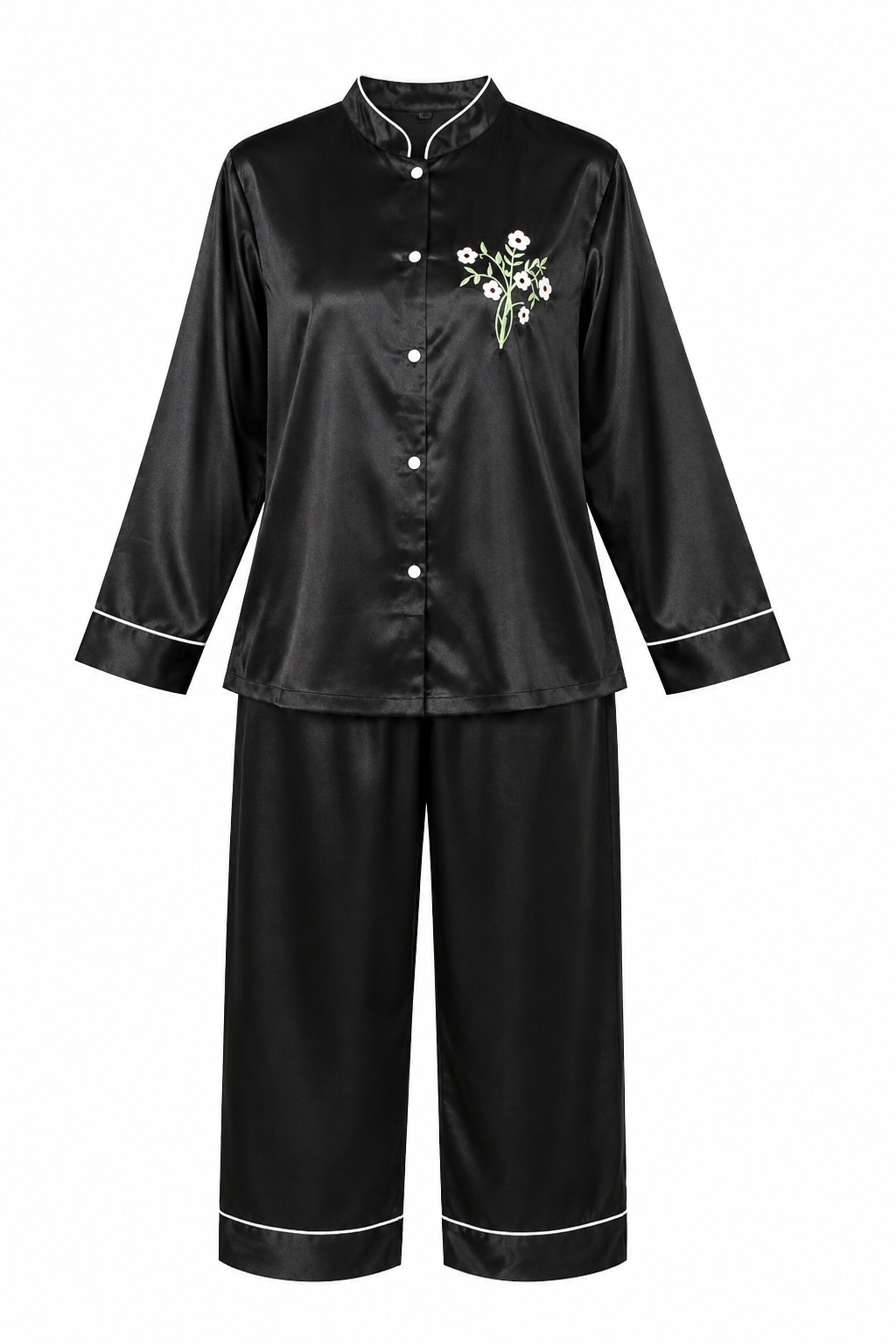 Up2date Fashion Women’s Satin Pajama Set, Button Down Long Sleeve Sleepwear with Mandarin Collar, 2 Piece Silky PJs Loungewear
