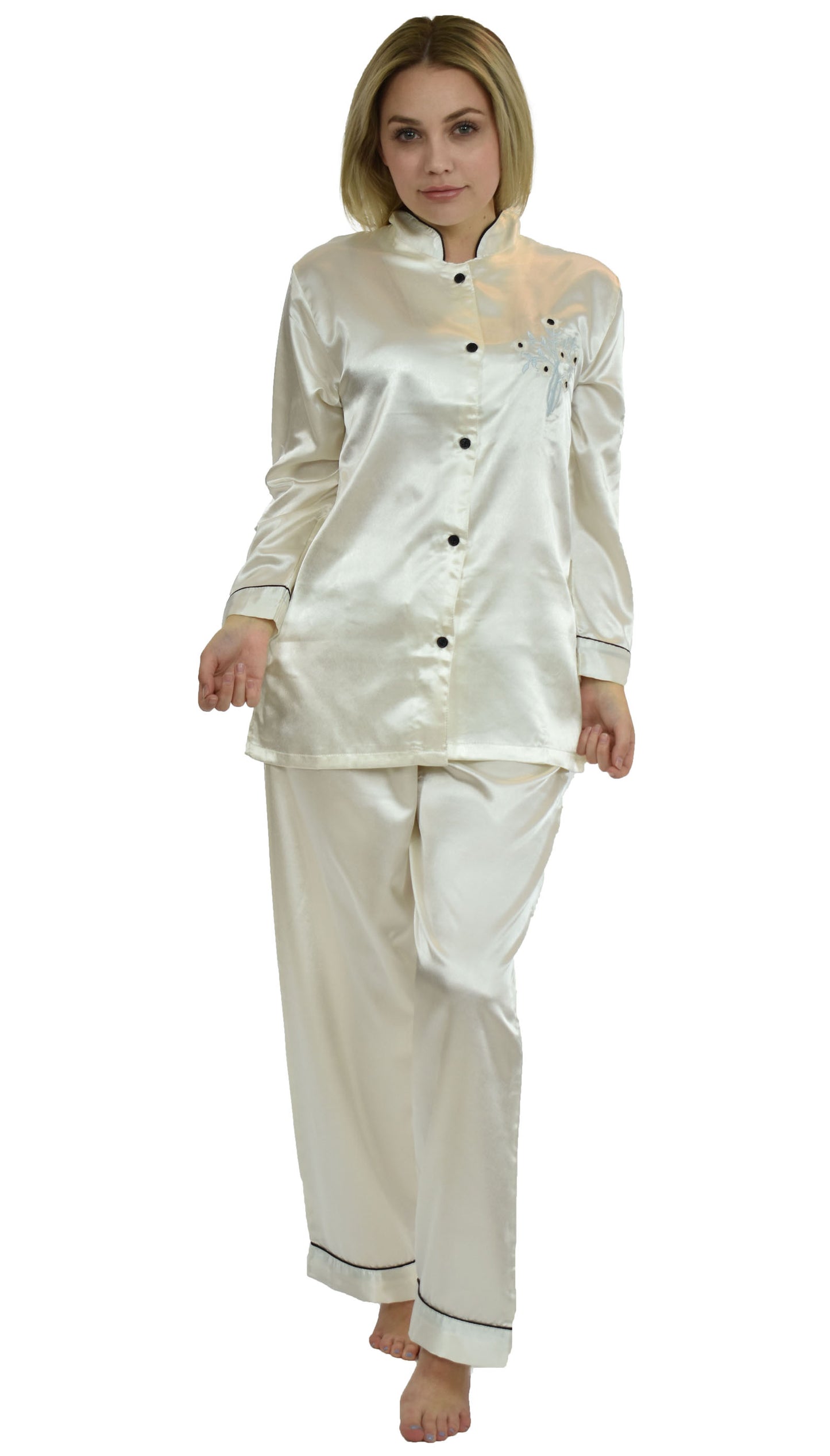 Up2date Fashion Women’s Satin Pajama Set, Button Down Long Sleeve Sleepwear with Mandarin Collar, 2 Piece Silky PJs Loungewear