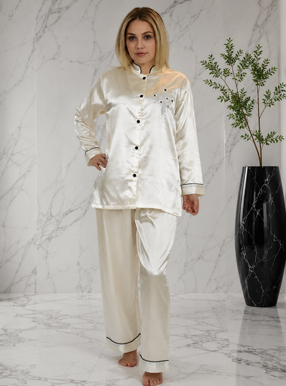 Up2date Fashion Women’s Satin Pajama Set, Button Down Long Sleeve Sleepwear with Mandarin Collar, 2 Piece Silky PJs Loungewear