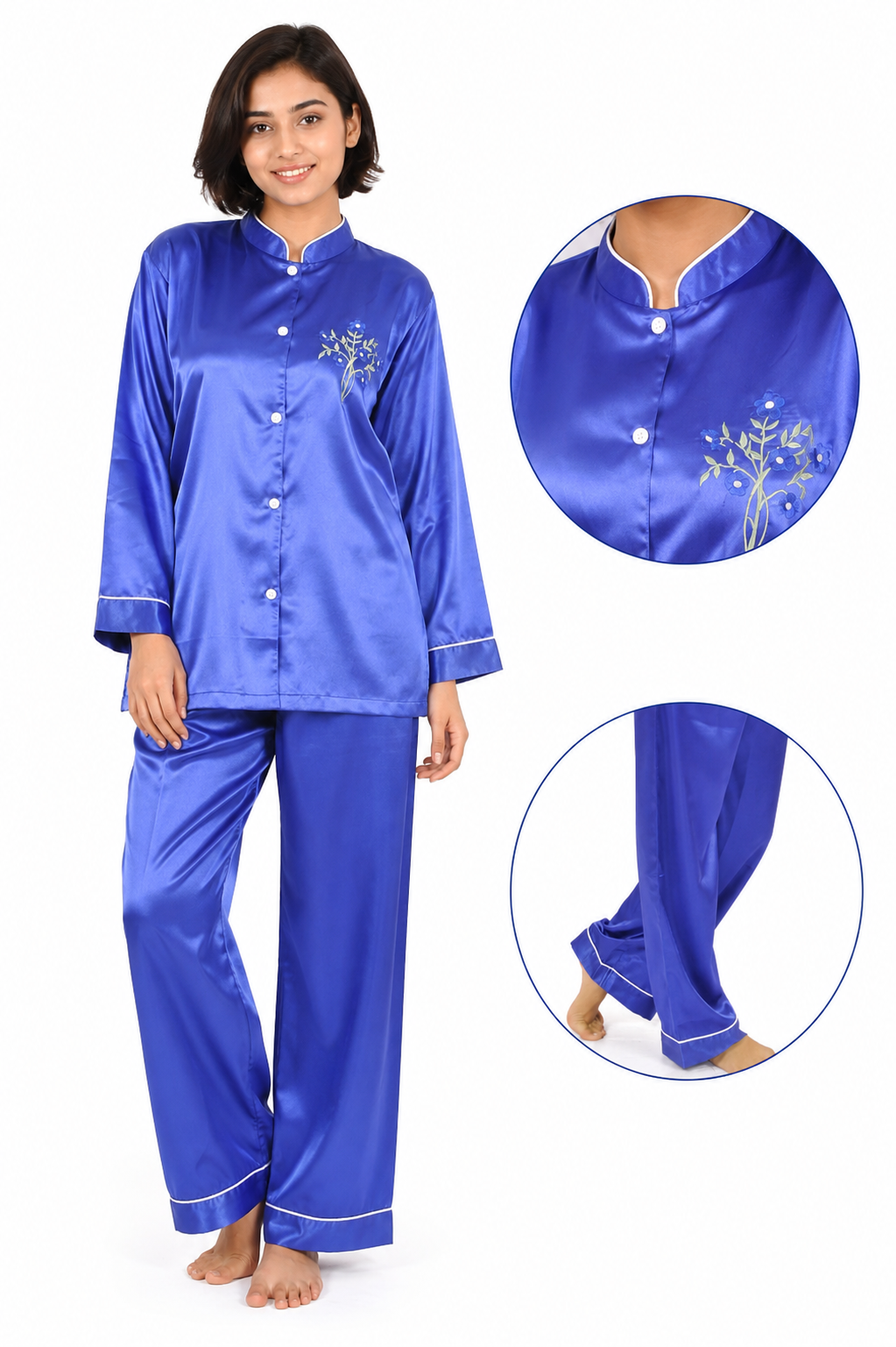 Up2date Fashion Women’s Satin Pajama Set, Button Down Long Sleeve Sleepwear with Mandarin Collar, 2 Piece Silky PJs Loungewear