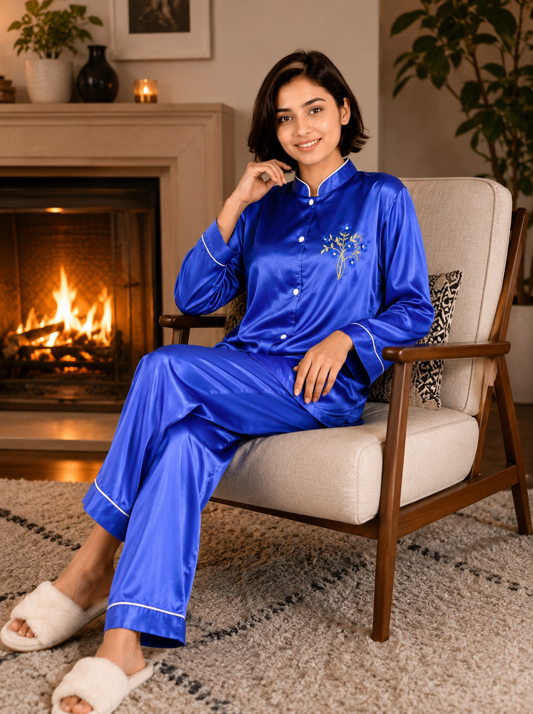 Up2date Fashion Women’s Satin Pajama Set, Button Down Long Sleeve Sleepwear with Mandarin Collar, 2 Piece Silky PJs Loungewear