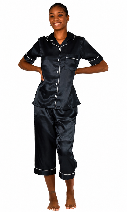Up2date Fashion Satin Silky Pajama Set Women Capri Pants 2 Piece PJ Button Down Sleepwear Lounge Sets