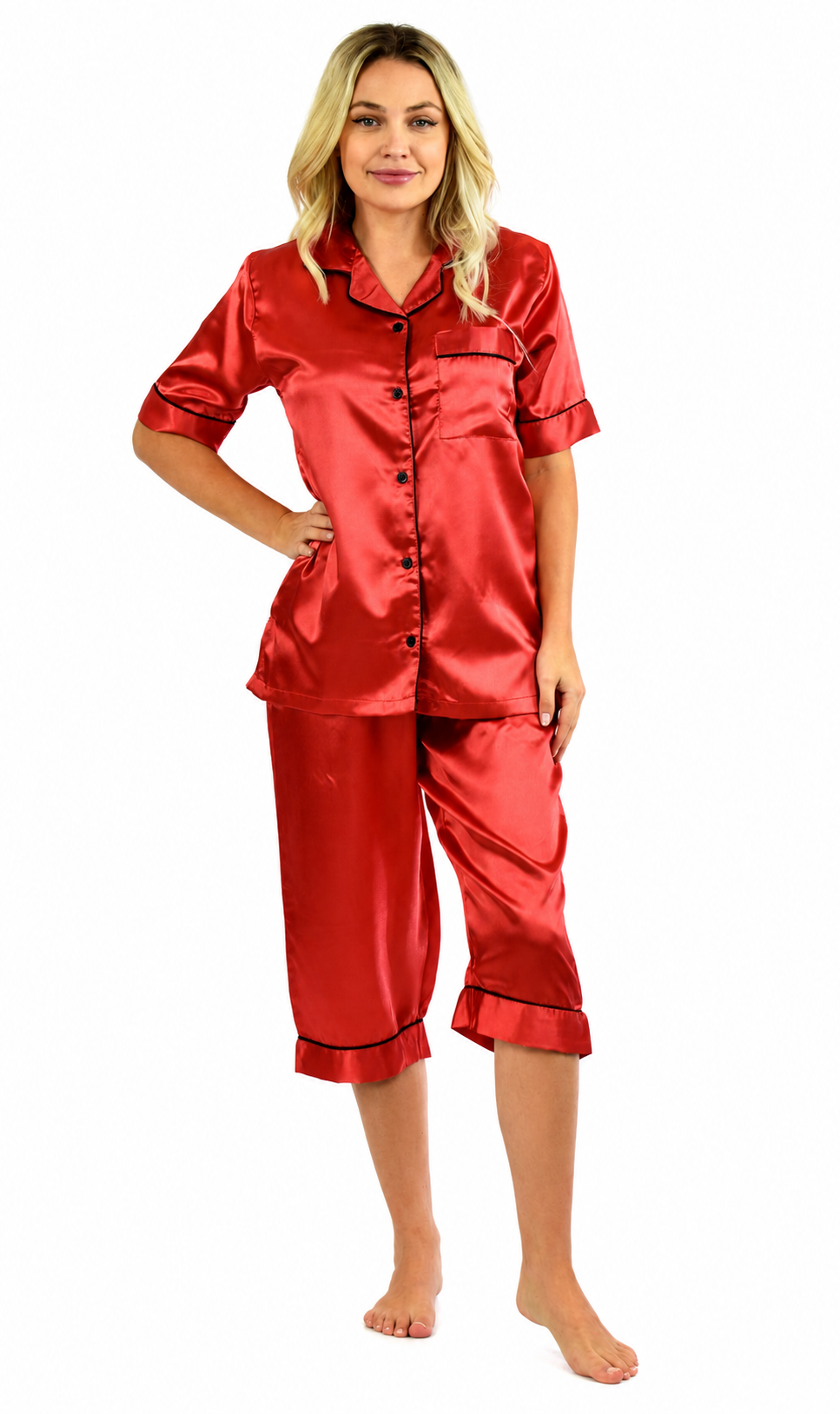 Up2date Fashion Satin Silky Pajama Set Women Capri Pants 2 Piece PJ Button Down Sleepwear Lounge Sets
