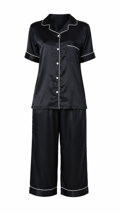 Up2date Fashion Satin Silky Pajama Set Women Capri Pants 2 Piece PJ Button Down Sleepwear Lounge Sets