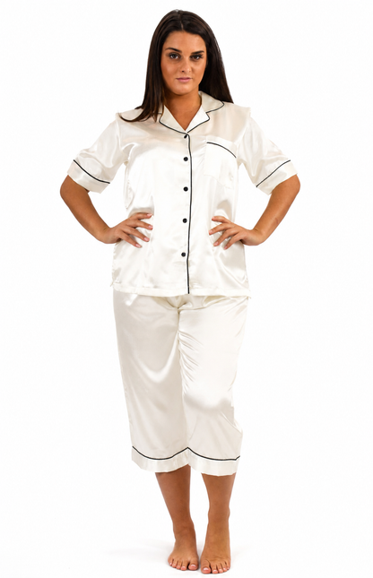 Up2date Fashion Satin Silky Pajama Set Women Capri Pants 2 Piece PJ Button Down Sleepwear Lounge Sets