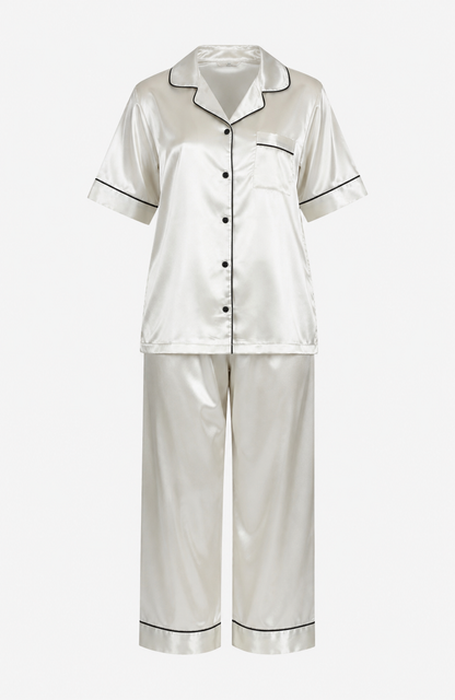 Up2date Fashion Satin Silky Pajama Set Women Capri Pants 2 Piece PJ Button Down Sleepwear Lounge Sets