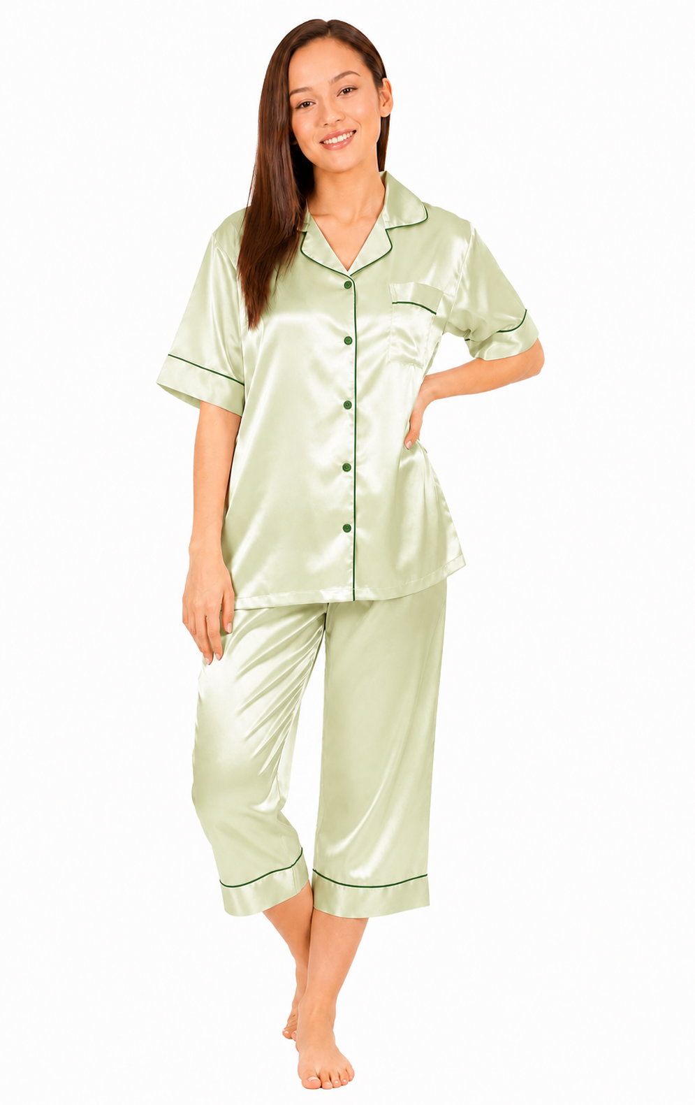Up2date Fashion Satin Silky Pajama Set Women Capri Pants 2 Piece PJ Button Down Sleepwear Lounge Sets