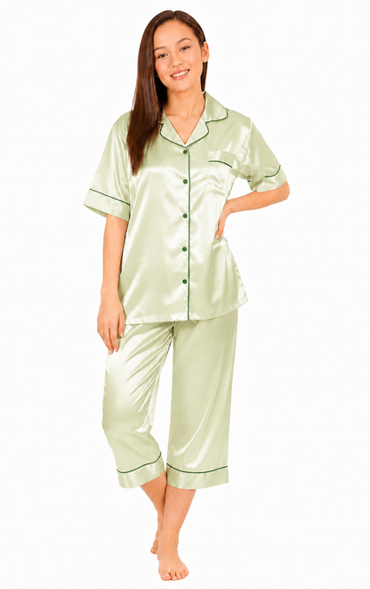 Up2date Fashion Satin Silky Pajama Set Women Capri Pants 2 Piece PJ Button Down Sleepwear Lounge Sets