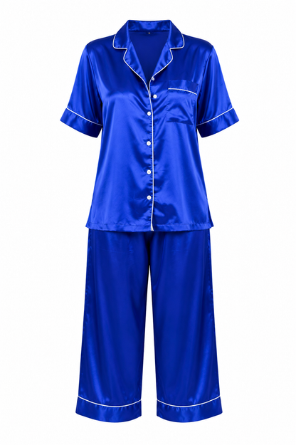 Up2date Fashion Satin Silky Pajama Set Women Capri Pants 2 Piece PJ Button Down Sleepwear Lounge Sets