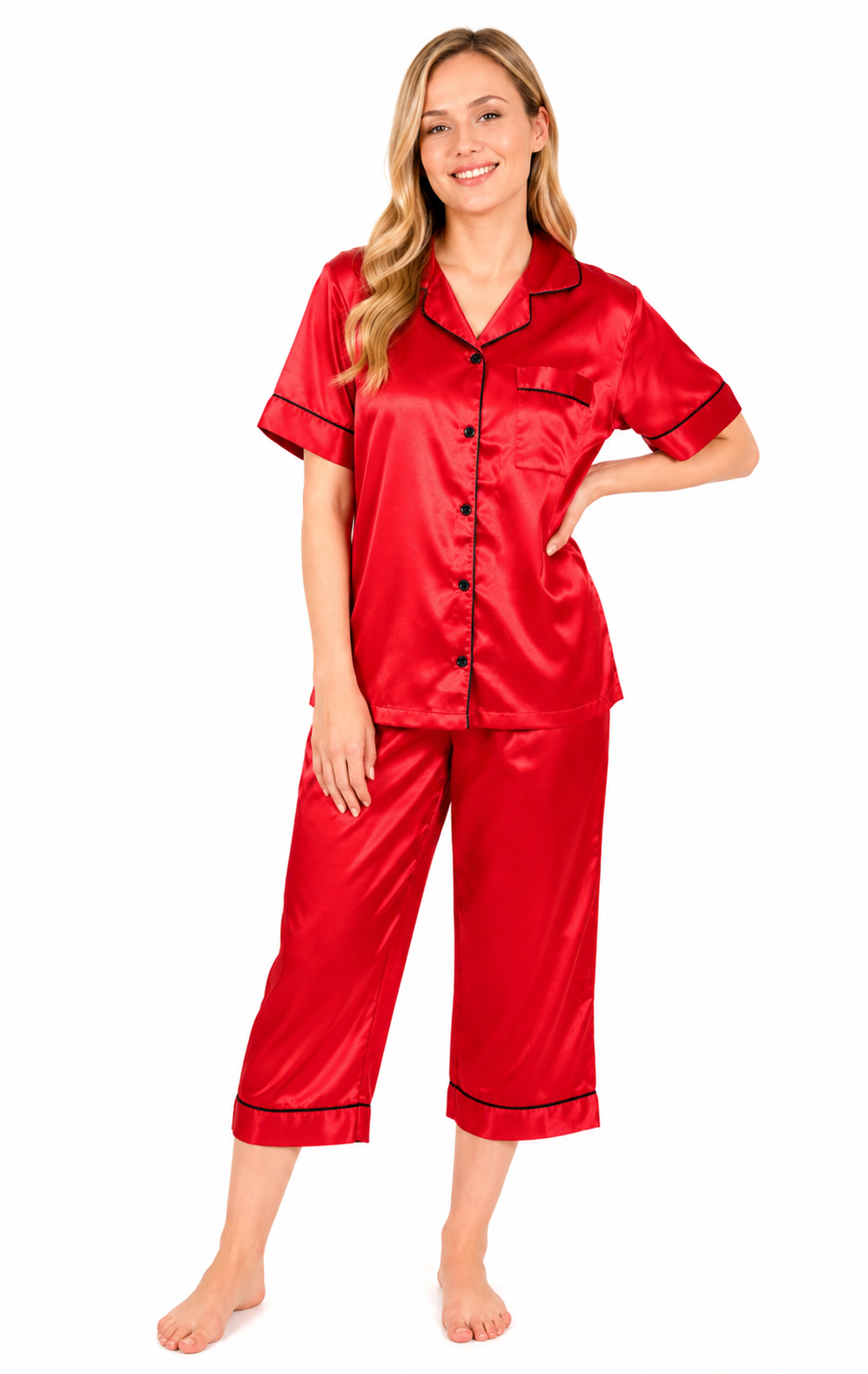 Up2date Fashion Satin Silky Pajama Set Women Capri Pants 2 Piece PJ Button Down Sleepwear Lounge Sets