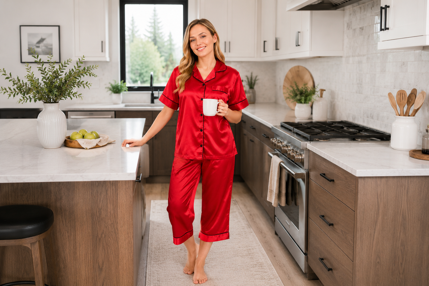 Up2date Fashion Satin Silky Pajama Set Women Capri Pants 2 Piece PJ Button Down Sleepwear Lounge Sets