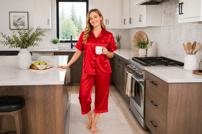 Up2date Fashion Satin Silky Pajama Set Women Capri Pants 2 Piece PJ Button Down Sleepwear Lounge Sets