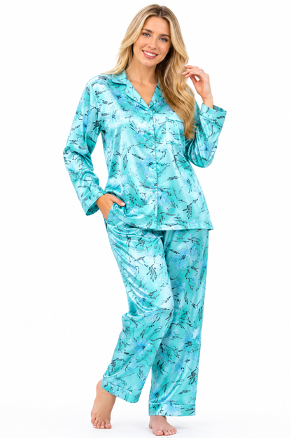 Up2date Fashion Women's Silky Satin Pajama Set Long Sleeve Button Down 2-Piece V-Neck PJs with Pants, Floral & Animal Prints