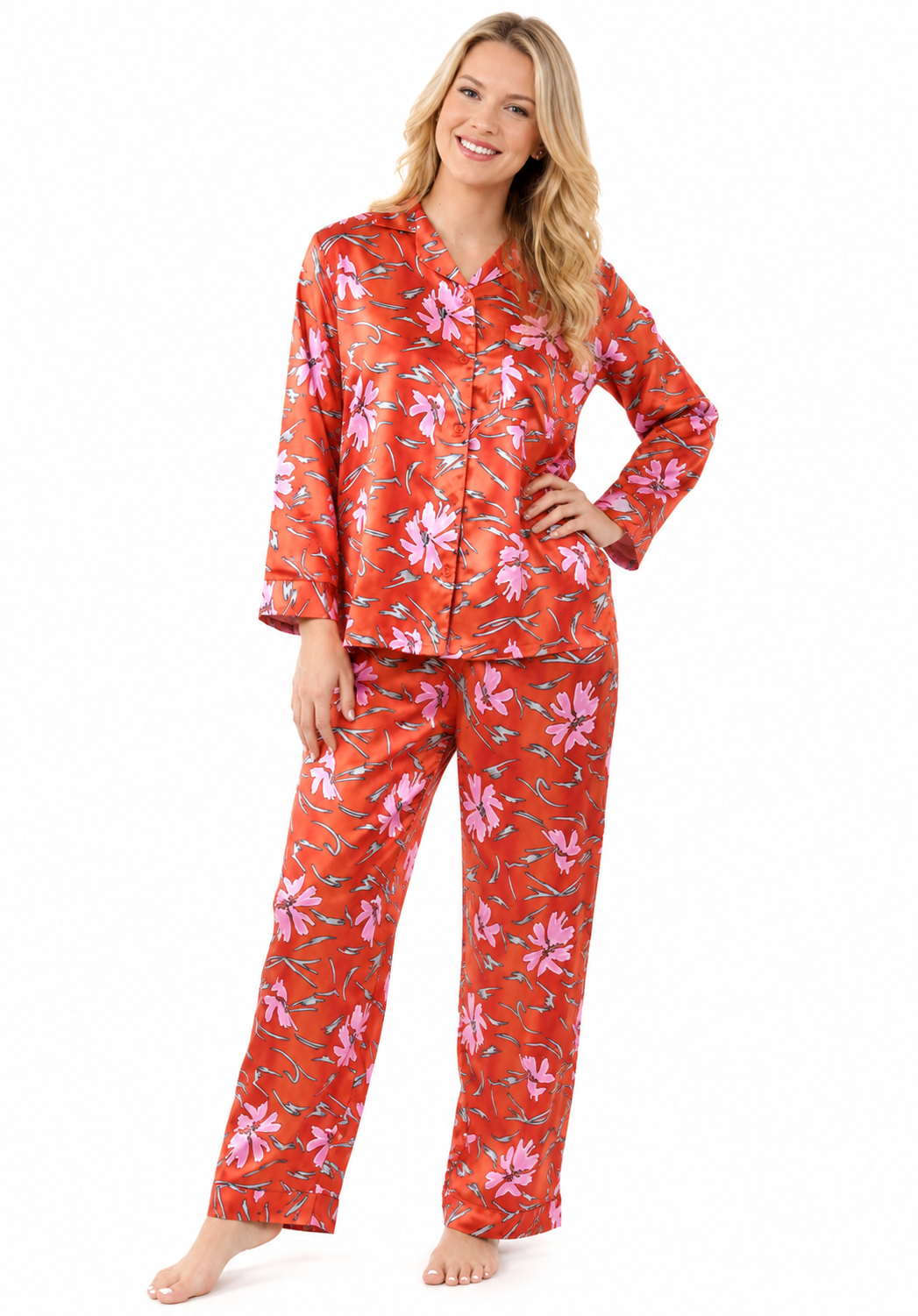 Up2date Fashion Women's Silky Satin Pajama Set Long Sleeve Button Down 2-Piece V-Neck PJs with Pants, Floral & Animal Prints