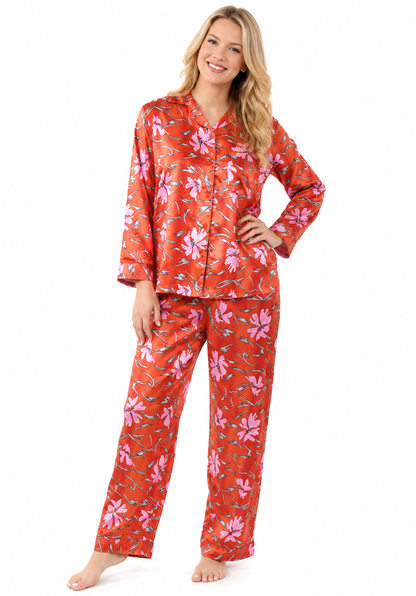 Up2date Fashion Women's Silky Satin Pajama Set Long Sleeve Button Down 2-Piece V-Neck PJs with Pants, Floral & Animal Prints