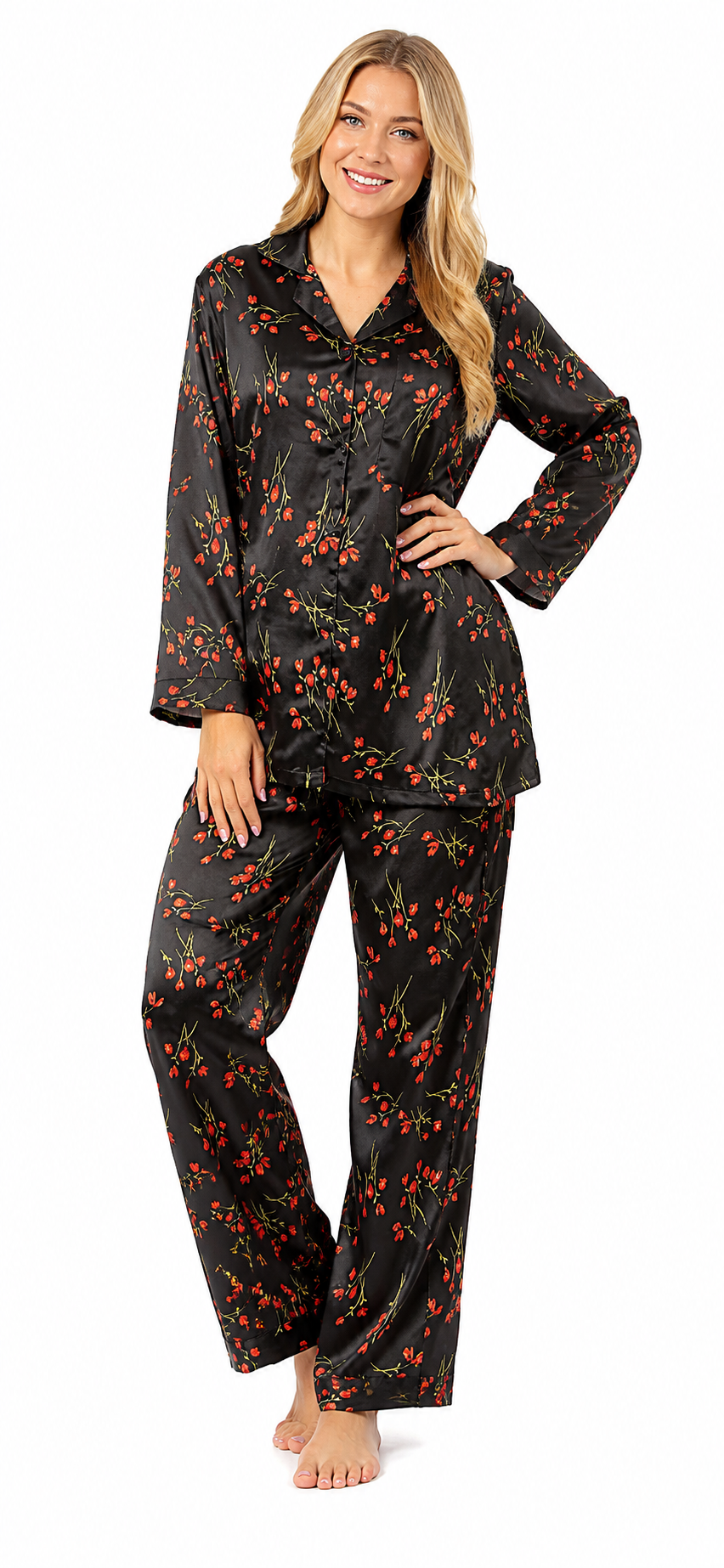 Up2date Fashion Women's Silky Satin Pajama Set Long Sleeve Button Down 2-Piece V-Neck PJs with Pants, Floral & Animal Prints