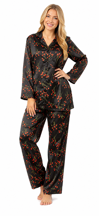 Up2date Fashion Women's Silky Satin Pajama Set Long Sleeve Button Down 2-Piece V-Neck PJs with Pants, Floral & Animal Prints