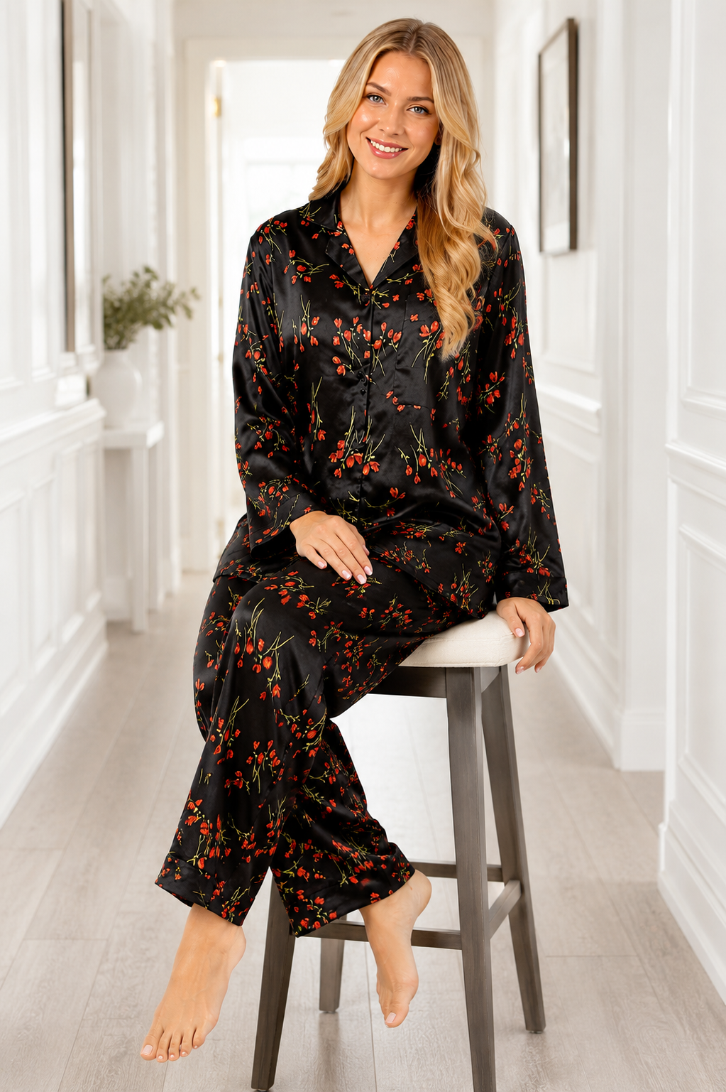Up2date Fashion Women's Silky Satin Pajama Set Long Sleeve Button Down 2-Piece V-Neck PJs with Pants, Floral & Animal Prints