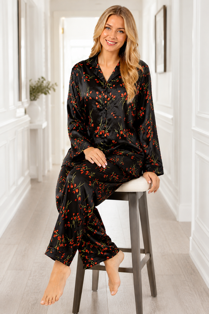 Up2date Fashion Women's Silky Satin Pajama Set Long Sleeve Button Down 2-Piece V-Neck PJs with Pants, Floral & Animal Prints