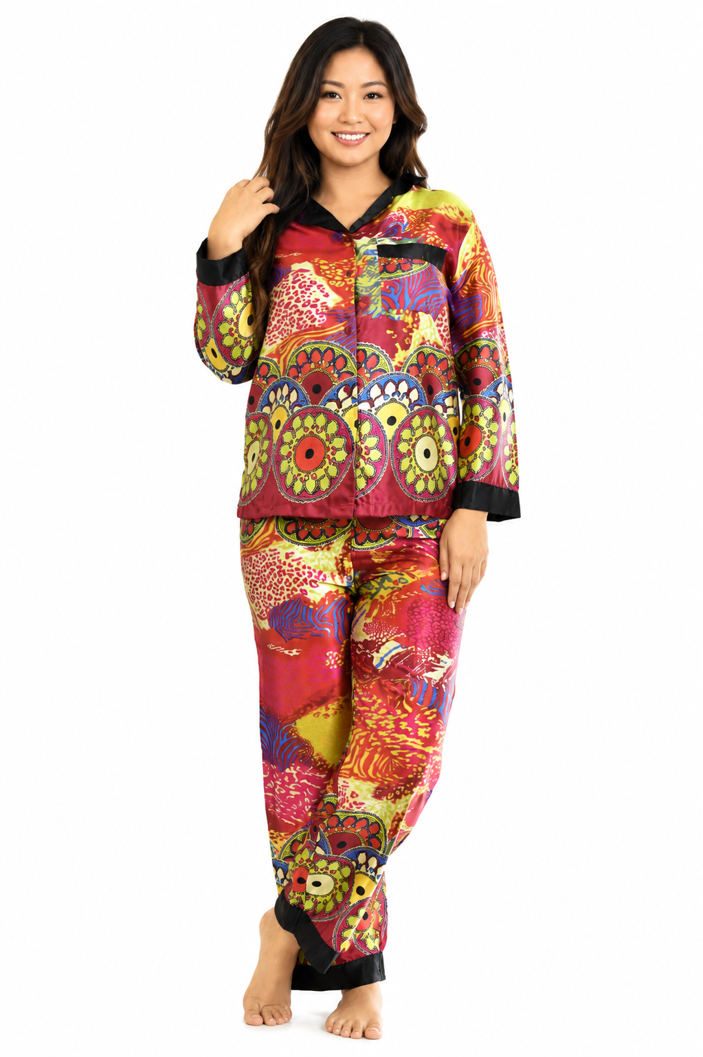 Up2date Fashion Women's Silky Satin Pajama Set Long Sleeve Button Down 2-Piece V-Neck PJs with Pants, Floral & Animal Prints