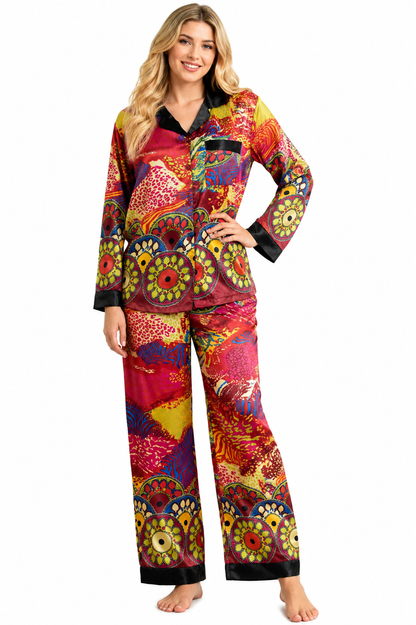 Up2date Fashion Women's Silky Satin Pajama Set Long Sleeve Button Down 2-Piece V-Neck PJs with Pants, Floral & Animal Prints