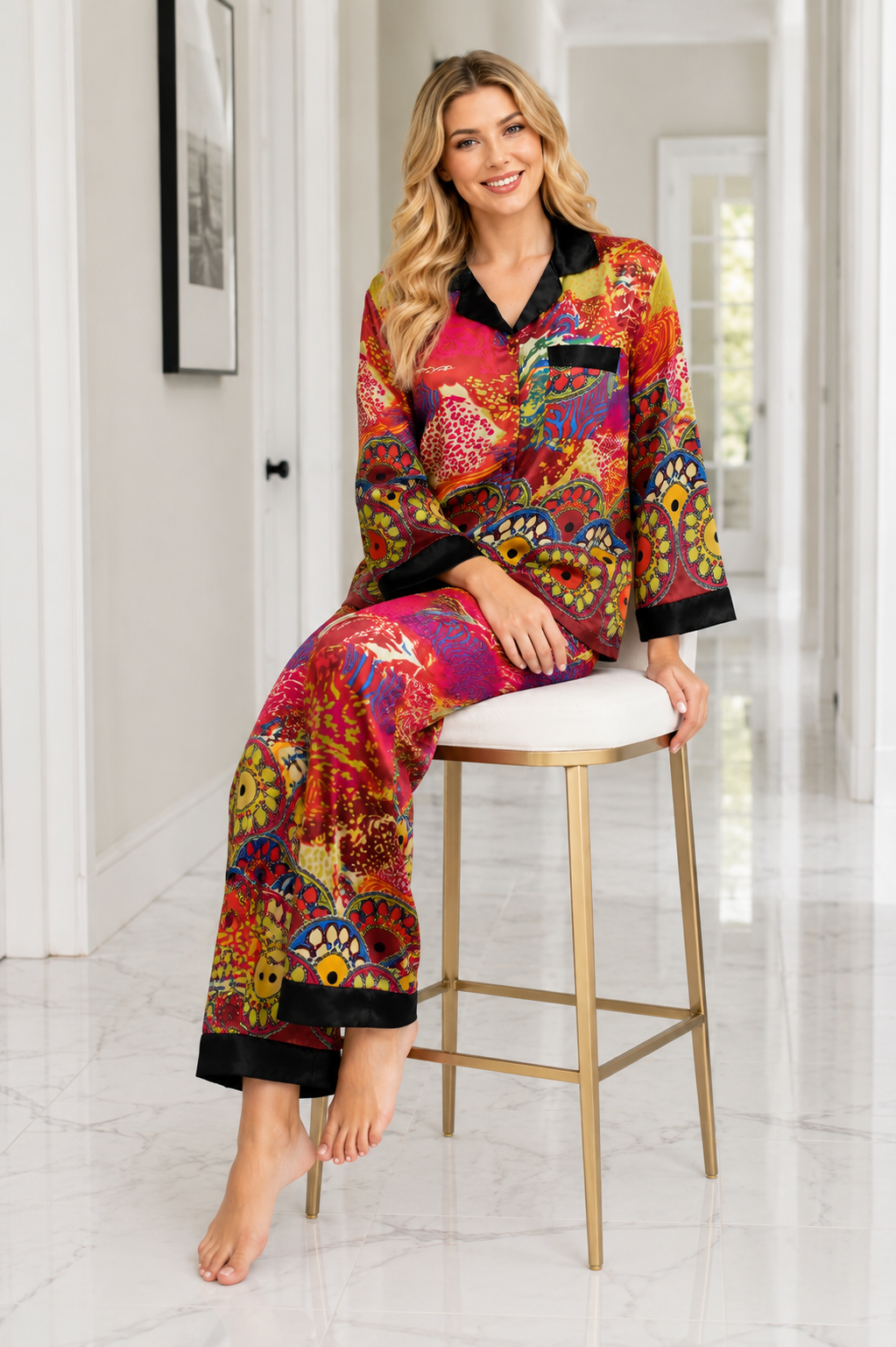 Up2date Fashion Women's Silky Satin Pajama Set Long Sleeve Button Down 2-Piece V-Neck PJs with Pants, Floral & Animal Prints