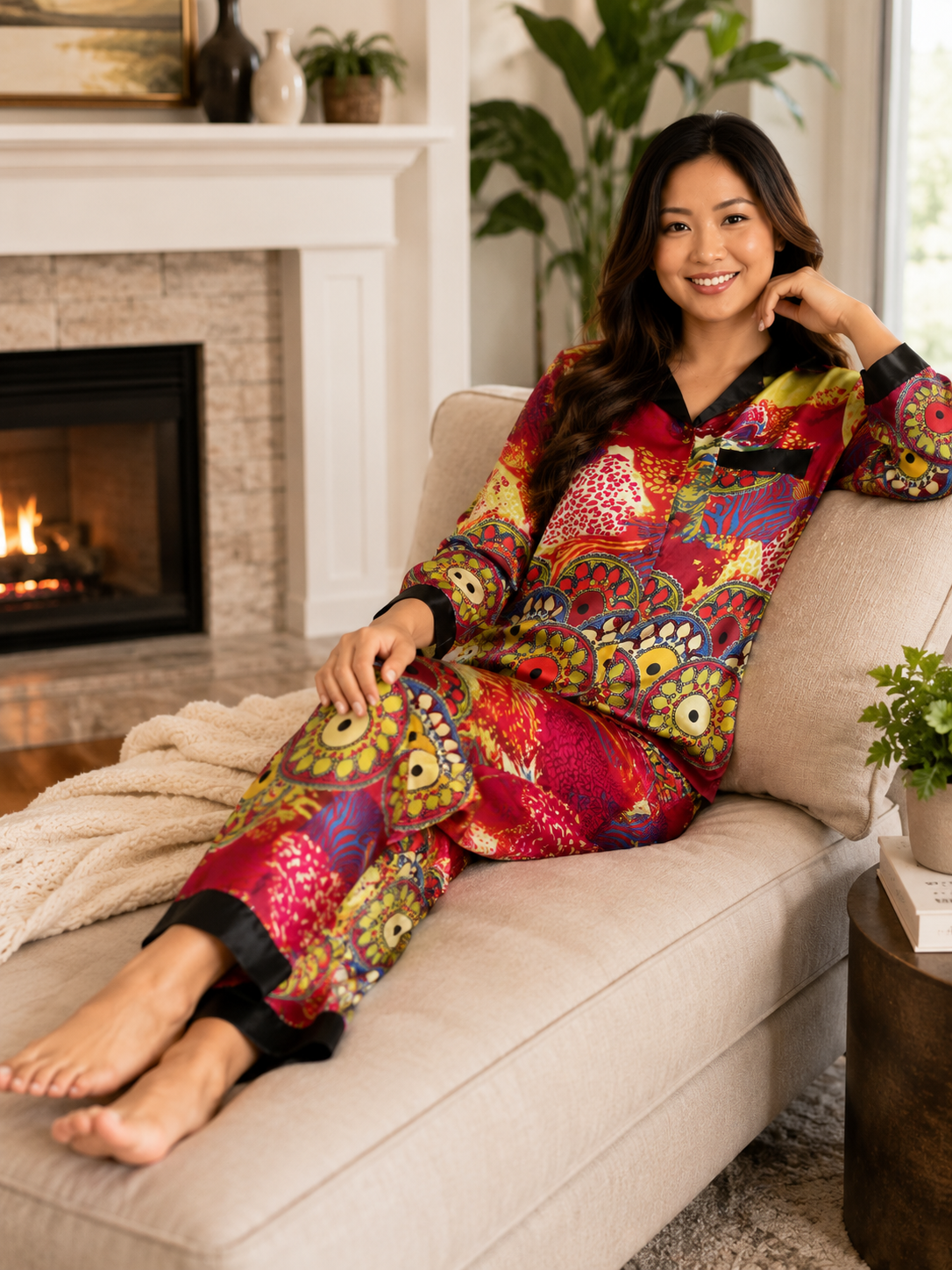 Up2date Fashion Women's Silky Satin Pajama Set Long Sleeve Button Down 2-Piece V-Neck PJs with Pants, Floral & Animal Prints
