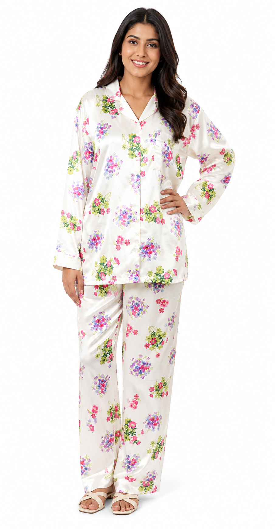 Up2date Fashion Women's Silky Satin Pajama Set Long Sleeve Button Down 2-Piece V-Neck PJs with Pants, Floral & Animal Prints