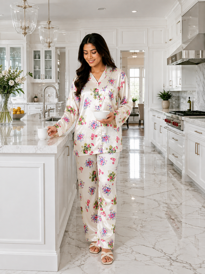 Up2date Fashion Women's Silky Satin Pajama Set Long Sleeve Button Down 2-Piece V-Neck PJs with Pants, Floral & Animal Prints