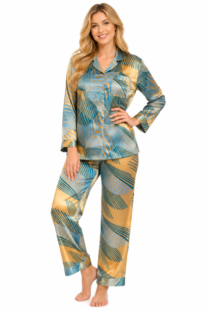 Up2date Fashion Women's Silky Satin Pajama Set Long Sleeve Button Down 2-Piece V-Neck PJs with Pants, Floral & Animal Prints