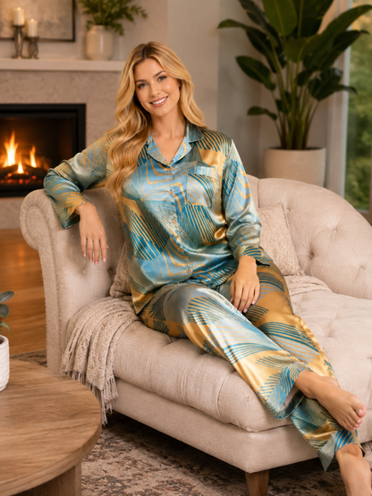 Up2date Fashion Women's Silky Satin Pajama Set Long Sleeve Button Down 2-Piece V-Neck PJs with Pants, Floral & Animal Prints