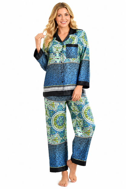 Up2date Fashion Women's Silky Satin Pajama Set Long Sleeve Button Down 2-Piece V-Neck PJs with Pants, Floral & Animal Prints