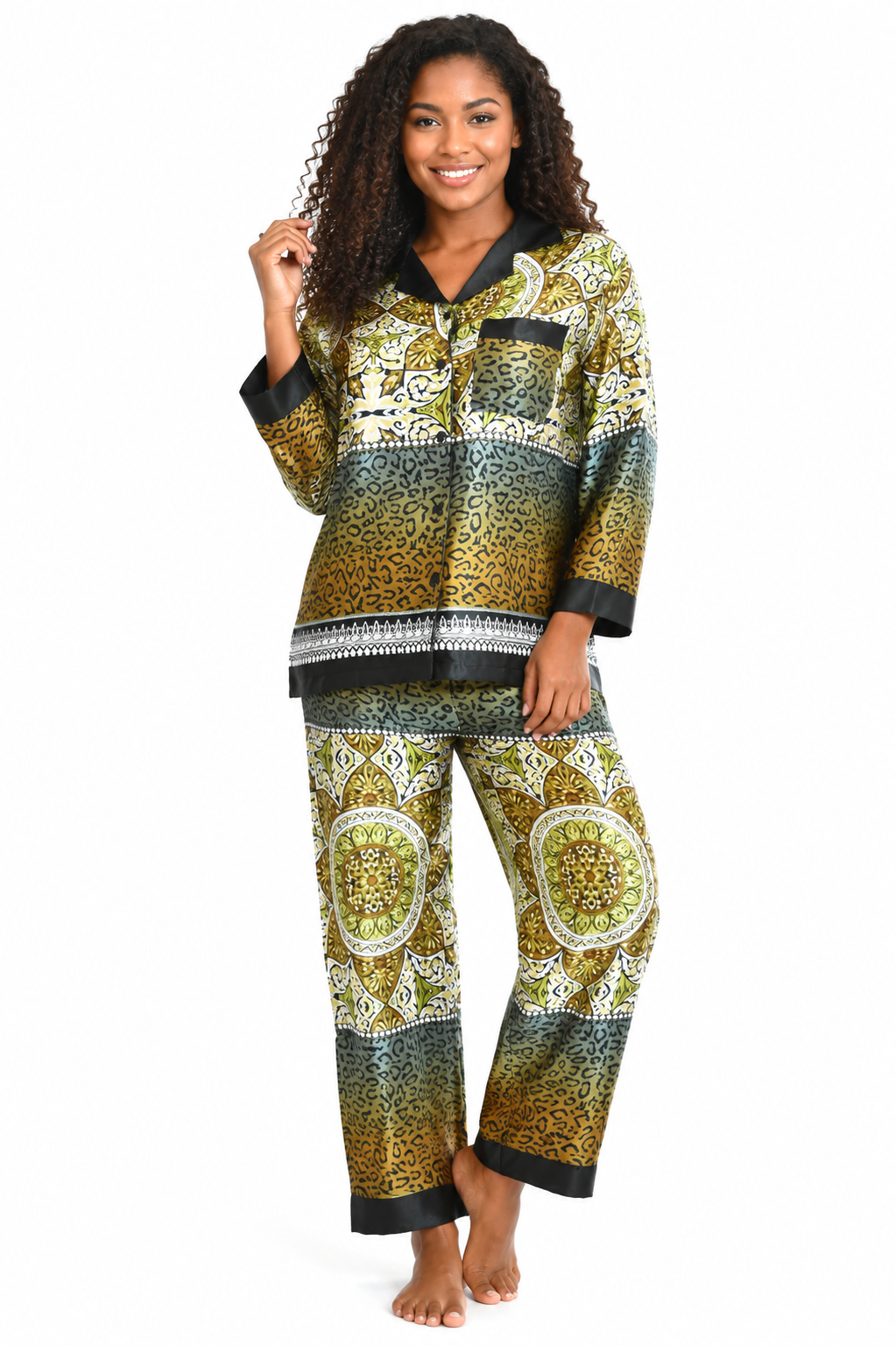 Up2date Fashion Women's Silky Satin Pajama Set Long Sleeve Button Down 2-Piece V-Neck PJs with Pants, Floral & Animal Prints