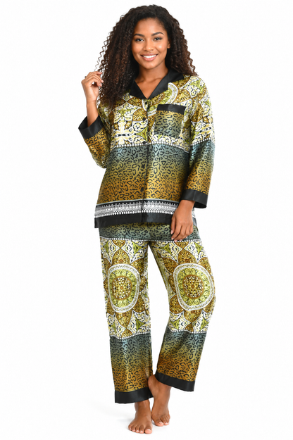 Up2date Fashion Women's Silky Satin Pajama Set Long Sleeve Button Down 2-Piece V-Neck PJs with Pants, Floral & Animal Prints